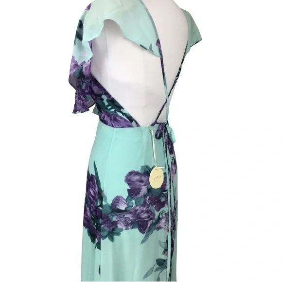 Luxxel Turquoise Lavender Fields Surplice Neckline Open Back Maxi Dress sz Small - Picture 12 of 16